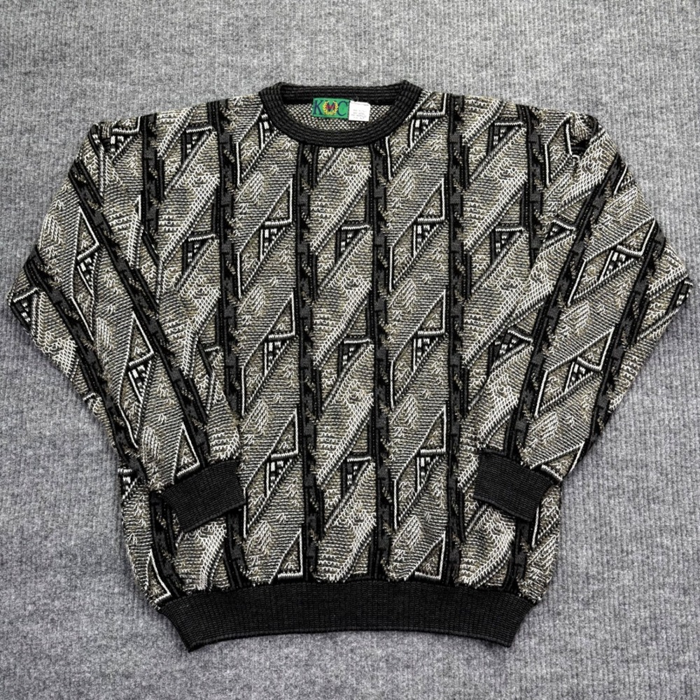KMC Vintage Made in Italy Wool Blend Geometric 3D Knit Sweater Black Grey XLT